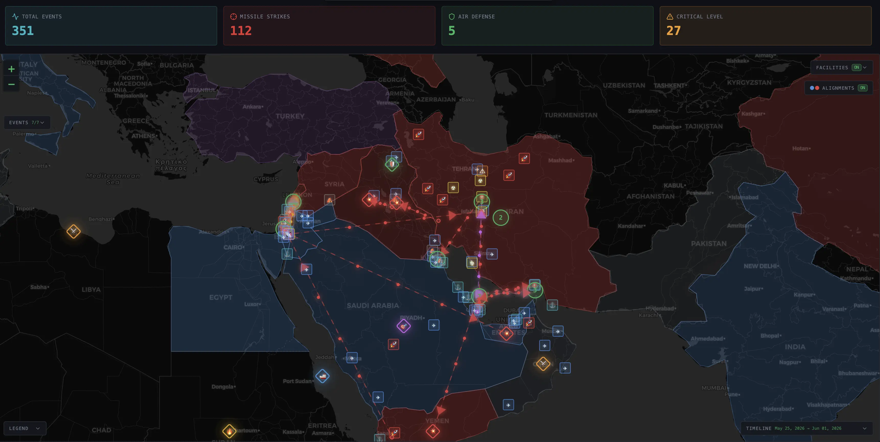 Live tactical map — open-source events geolocated and plotted in real time across the region.